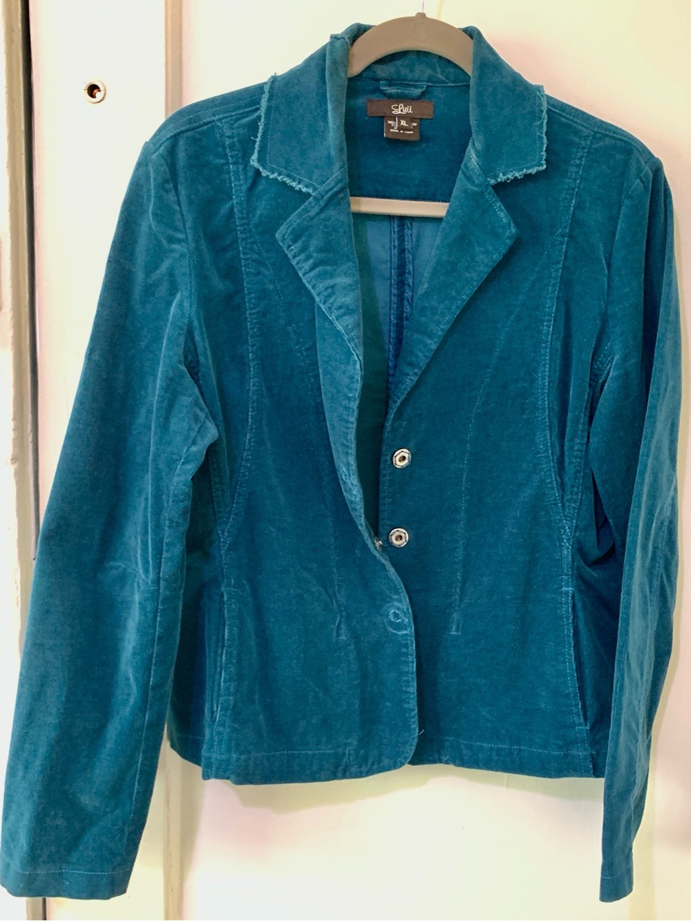Luii Teal Fine-Wale Corduroy Raw-Edge Snap Button Blazer Jacket
